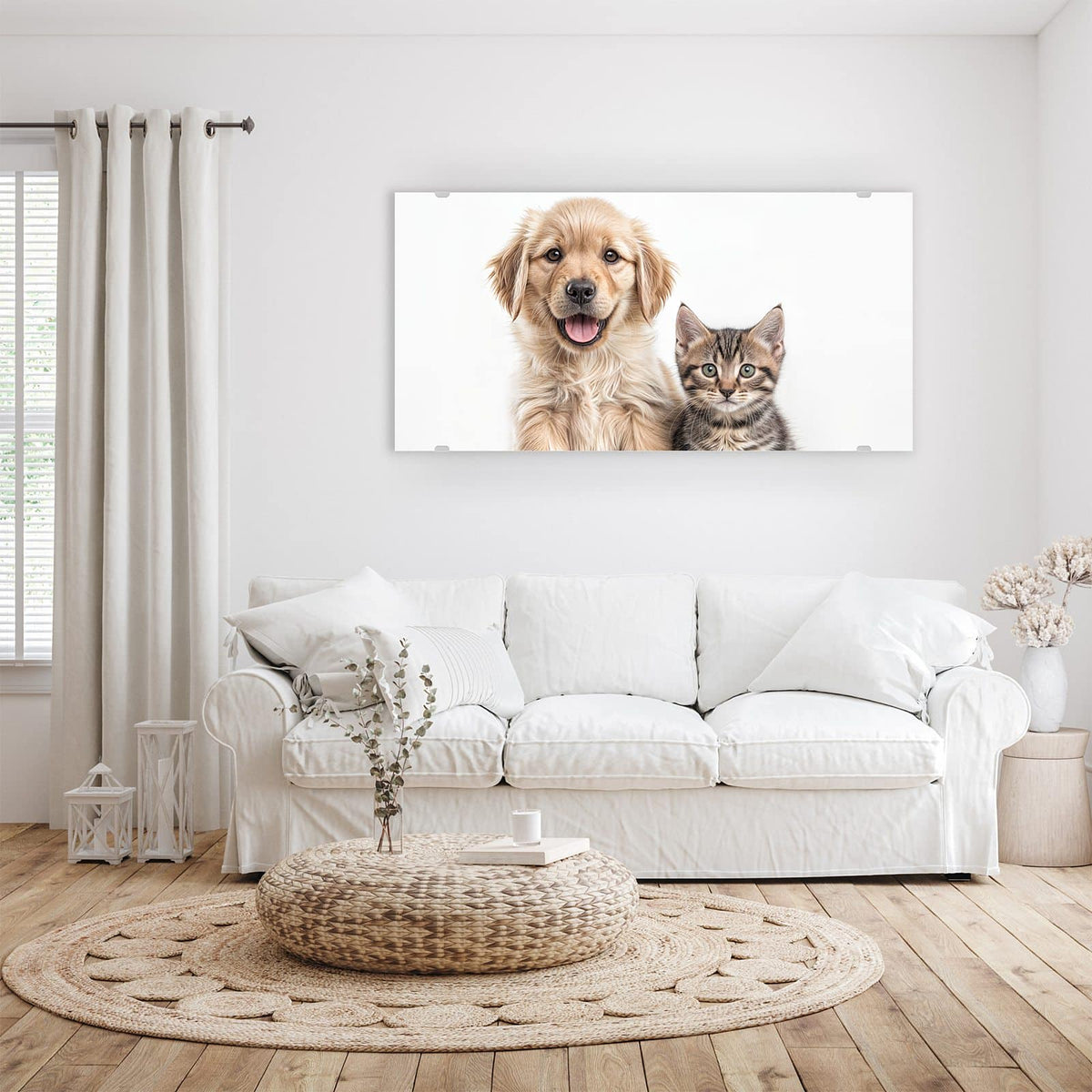 Wandbild - Retriever und Kätzchen - Querformat – Welpe und Kätzchen Seite an Seite