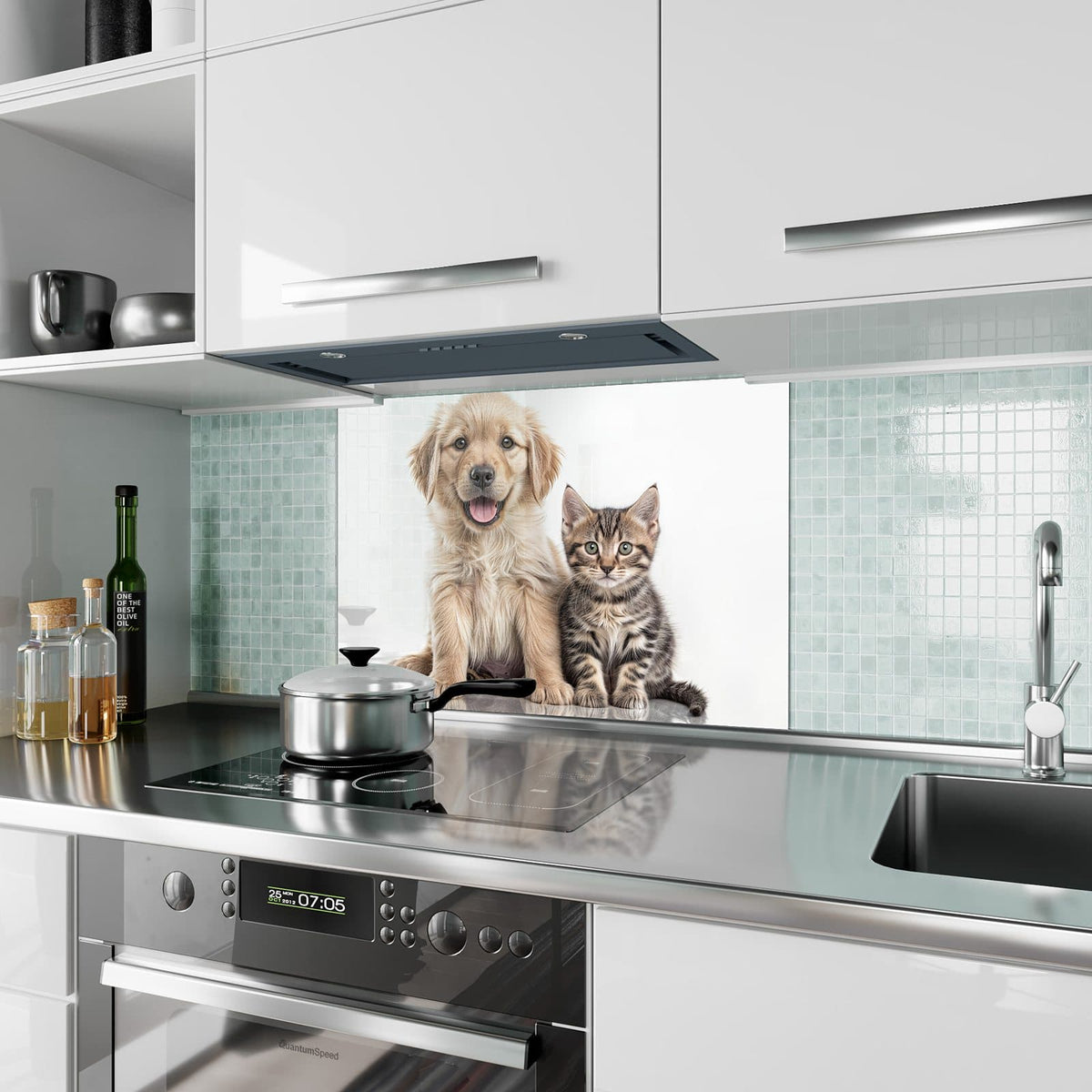 Küchenrückwand aus Glas Retriever und Kätzchen im Hochformat als Spritzschutz hinter dem Kochfeld, über dem Fliesenspiegel montiert