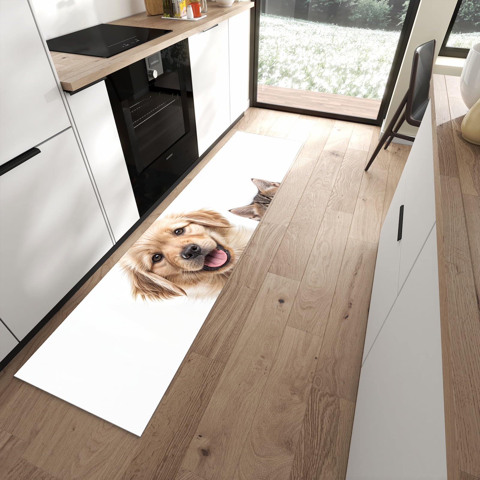 Waschbarer Küchenläufer mit Motiv Katze und Hund für Ordnung in moderner Küche