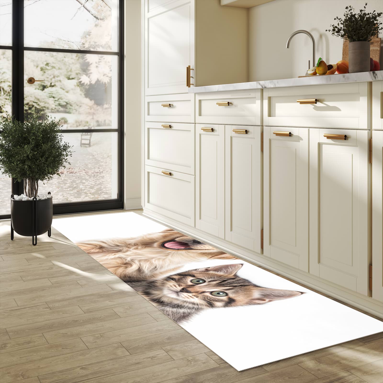 Rutschfester Küchenteppich mit Motiv Katze und Hund in heller Küche, einfach zu reinigen