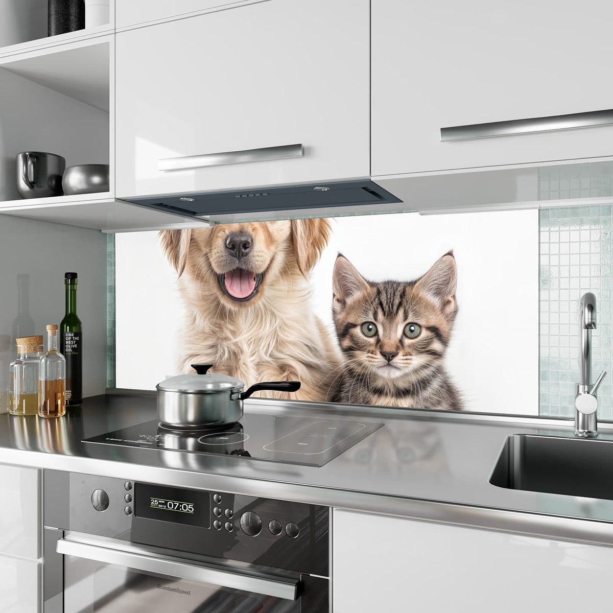 Küchenrückwand aus Glas Retriever und Kätzchen im Hochformat als Spritzschutz hinter dem Kochfeld, über dem Fliesenspiegel montiert