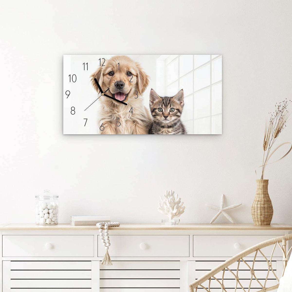 Wanduhr Katze und Hund aus Glas – Querformat 60 × 30 cm – Welpe und Kätzchen Seite an Seite