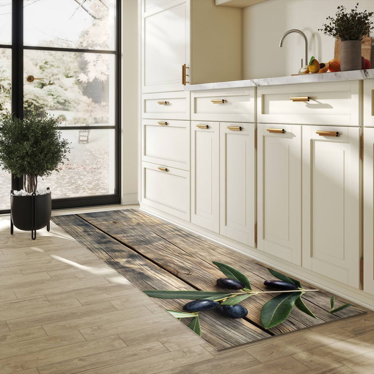 Zeitsparender Läufer Küche mit Motiv Holztisch mit Oliven in heller Küche