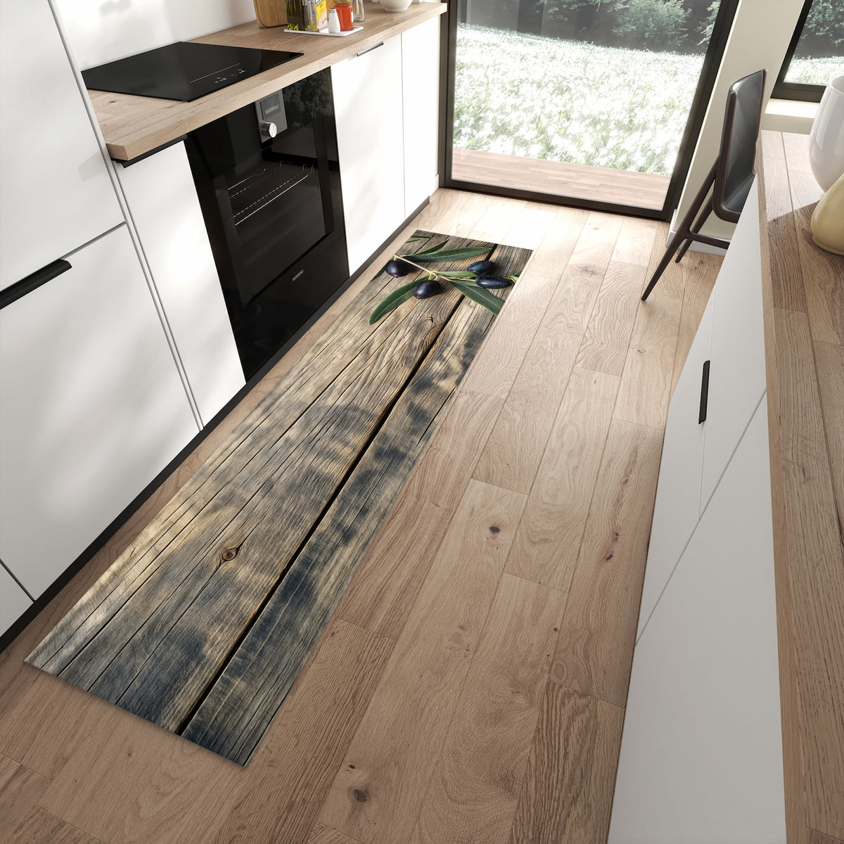 Flacher Bodenläufer mit Motiv Holztisch mit Oliven in moderner Küche