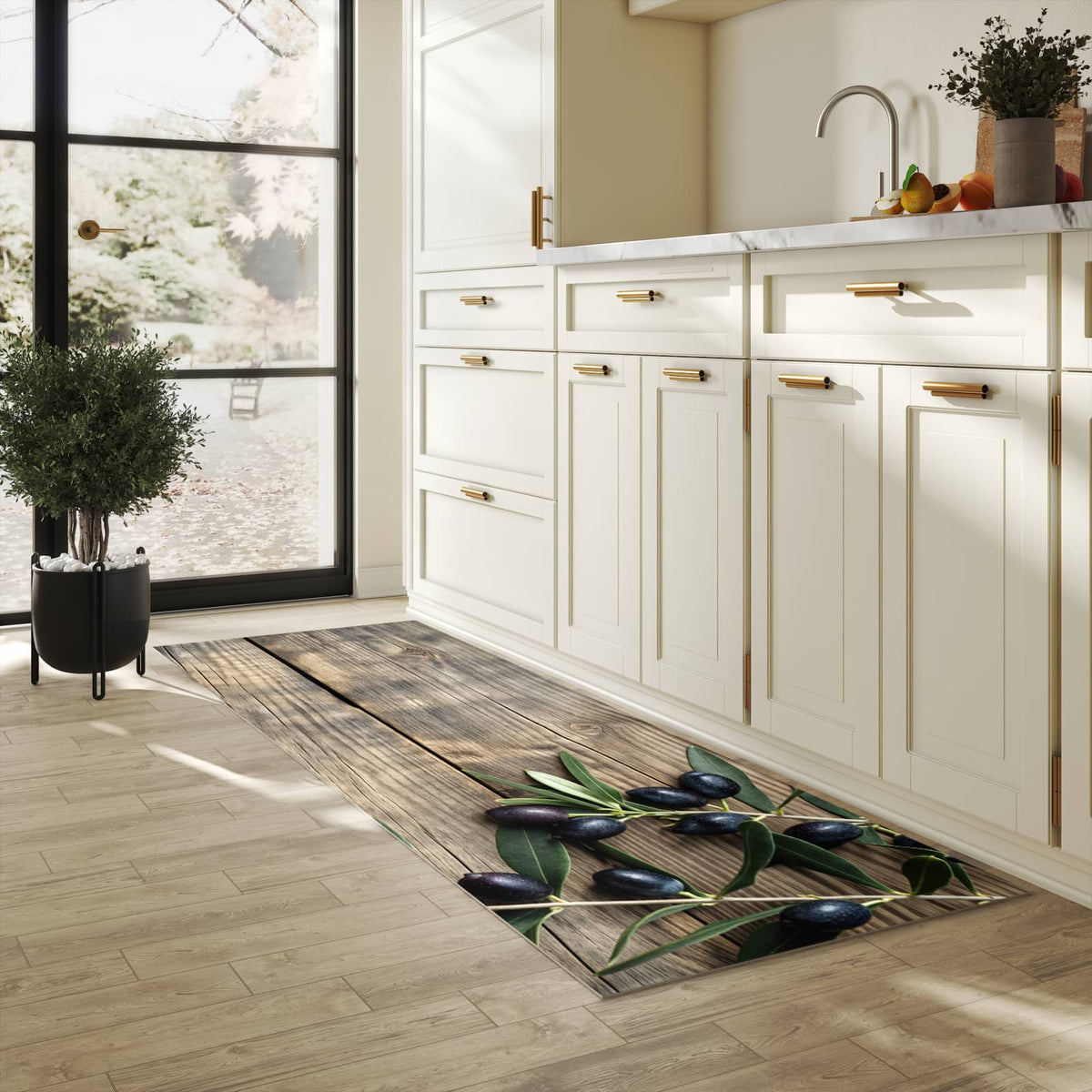 Küchenläufer mit Motiv Holztisch mit Oliven in heller Küche für sichere Aufbewahrung