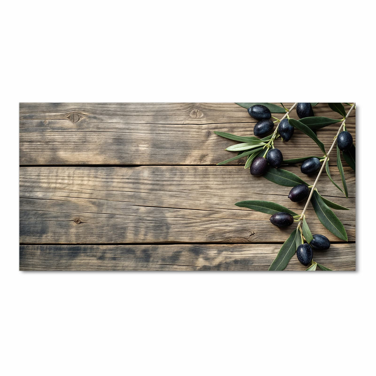 Flacher rutschfester Küchenläufer mit Motiv Holztisch mit Oliven in Frontansicht