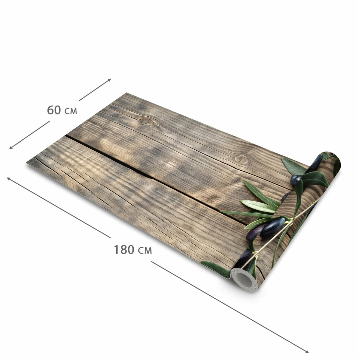 Abriebfester Küchenteppich mit Motiv Holztisch mit Oliven in der Grösse 80x280 cm