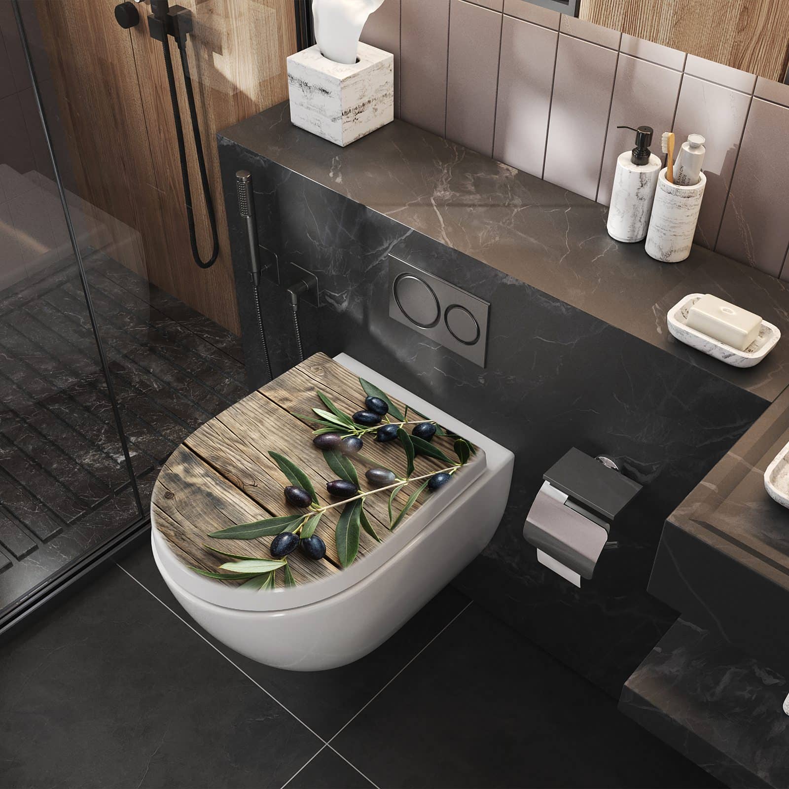 WC-Sitz mit Absenkautomatik Holztisch mit Oliven