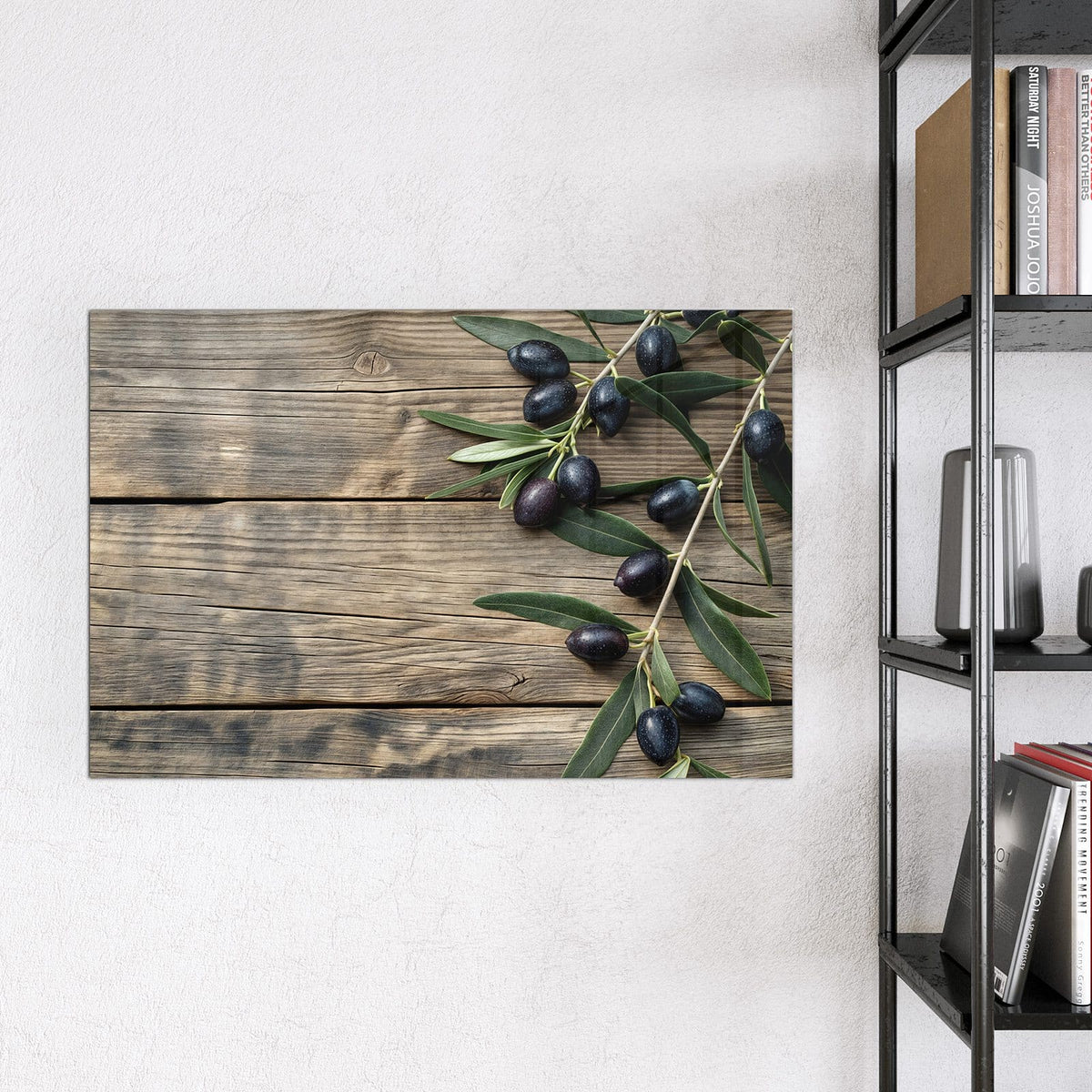 Magnettafel - Holztisch mit Oliven – Olivenzweige auf rustikalem Holz