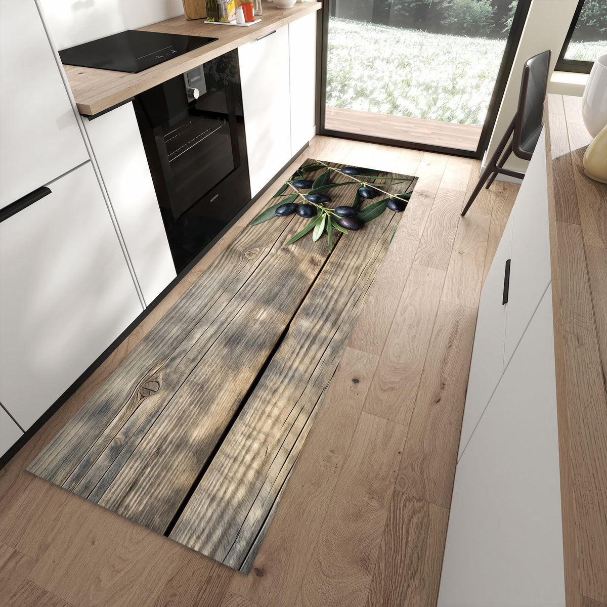 Küchenteppich mit Motiv Holztisch mit Oliven für angenehme Haptik in moderner Küche