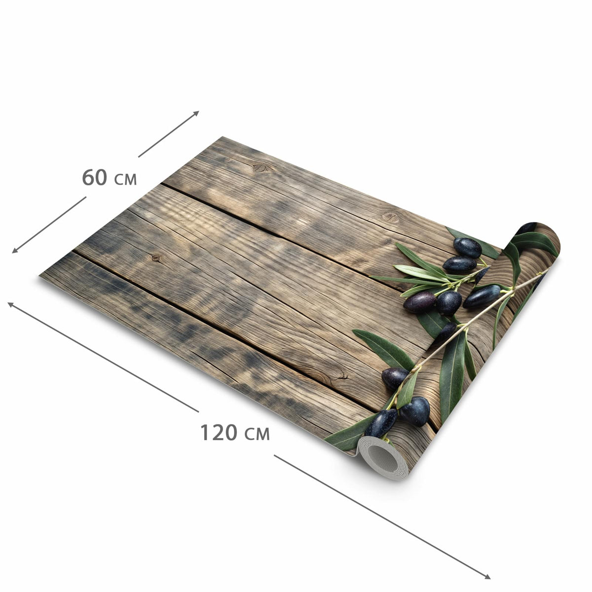 Zeitsparender großer Küchenteppich mit Motiv Holztisch mit Oliven in der Größe 80x280 cm