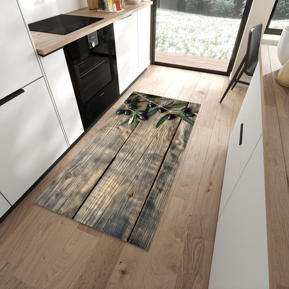 Waschbarer großer Küchenteppich mit Motiv Holztisch mit Oliven in moderner Küche