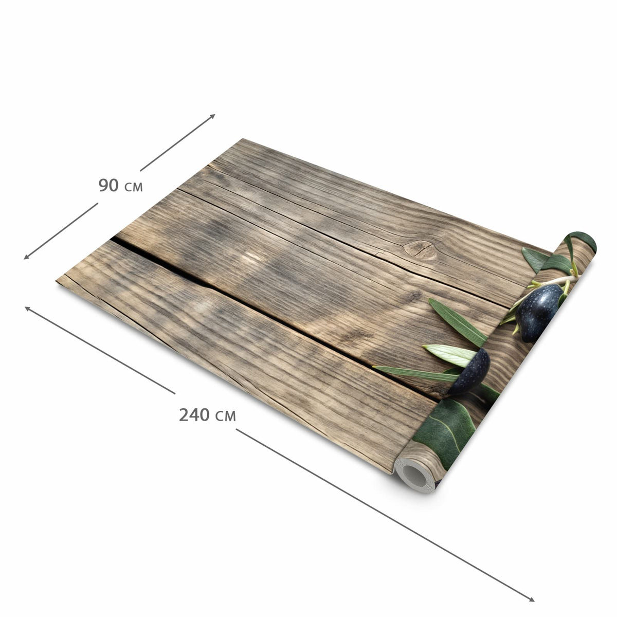 Komfortabler Küchenläufer nach Maß mit Motiv Holztisch mit Oliven in der Größe 80x280 cm