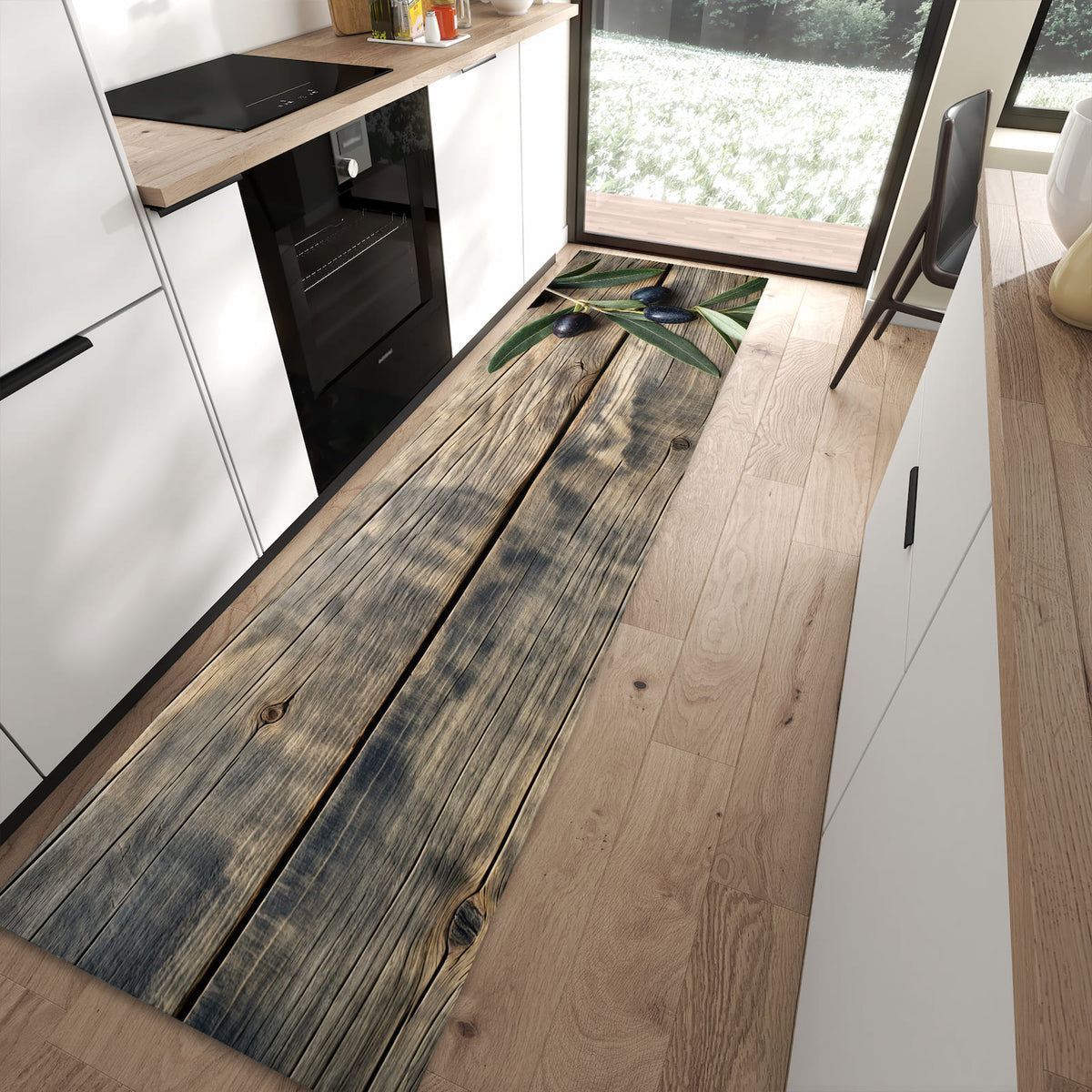 Strapazierfähiger waschbarer Küchenteppich mit Motiv Holztisch mit Oliven in moderner Küche