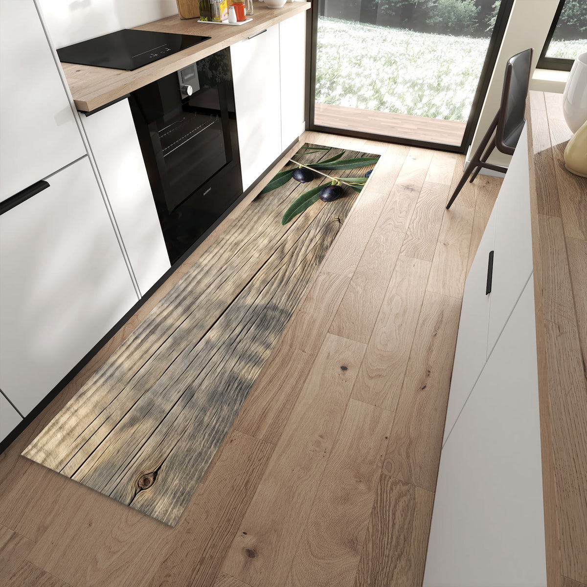 Pflegeleichter Küchenteppich mit Motiv Holztisch mit Oliven in moderner Küche