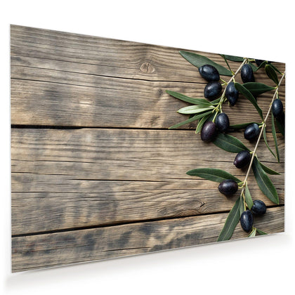 Wandbild mit dem Motiv Holztisch mit Oliven