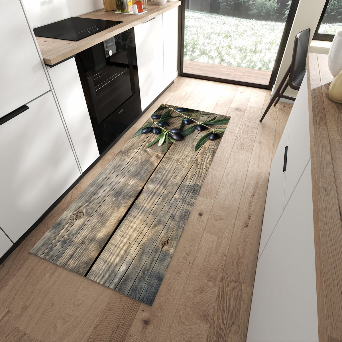 Rutschfester Küchenteppich mit Motiv Holztisch mit Oliven in moderner Küche - leicht zu reinigen