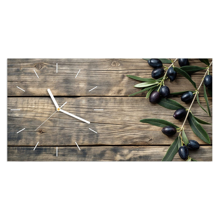 Wanduhr Holztisch mit Oliven aus Glas – Querformat 60 × 30 cm mit Ziffernblatt Linie