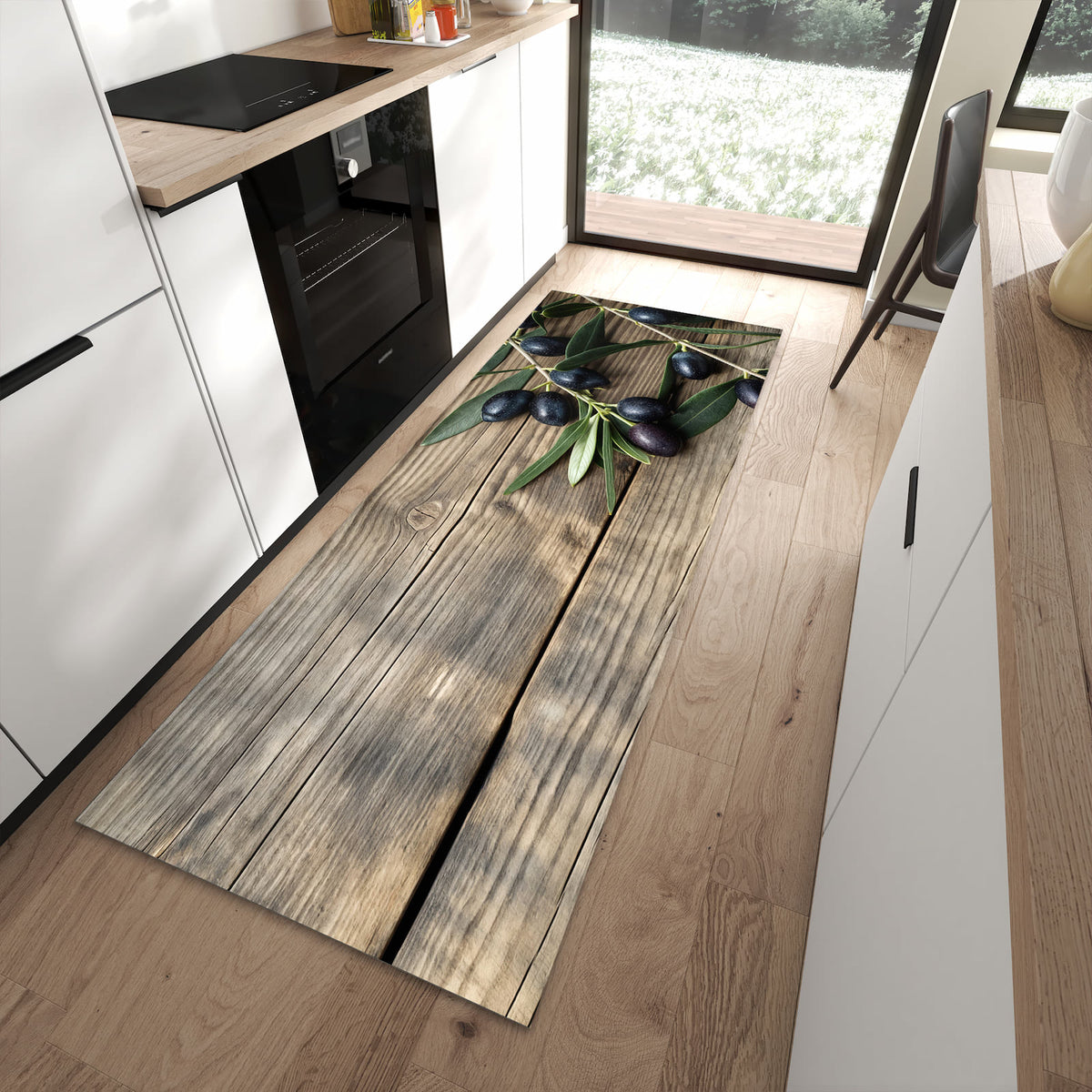 Langlebiger rutschfester Küchenteppich mit Motiv Holztisch mit Oliven in moderner Küche
