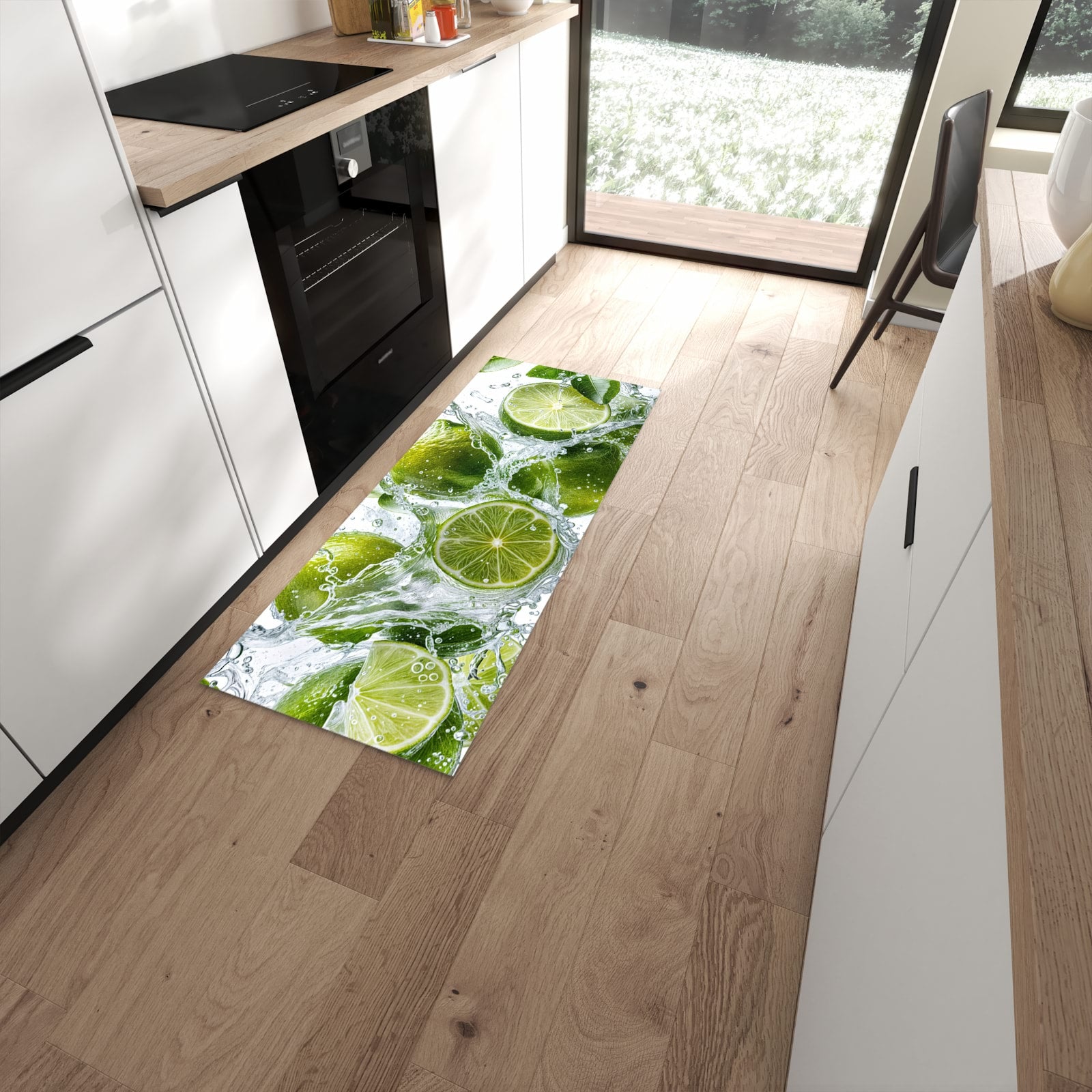 Ordnungsschaffender Küchenläufer mit Motiv Spritzige Limetten in moderner Küche #grösse_60 x 150 cm