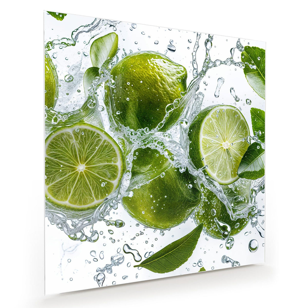 Ganze Limetten und Scheiben mit grünen Blättern in einem Wasserspritzer