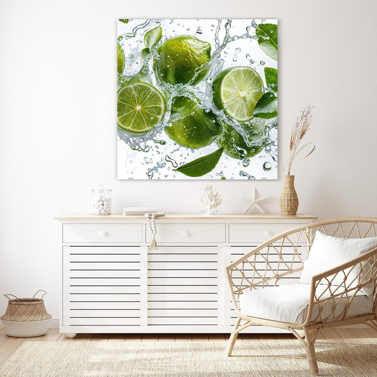 Glasbild Limetten mit Blättern an der Wand – Ganze Limetten und Scheiben mit grünen Blättern in einem Wasserspritzer