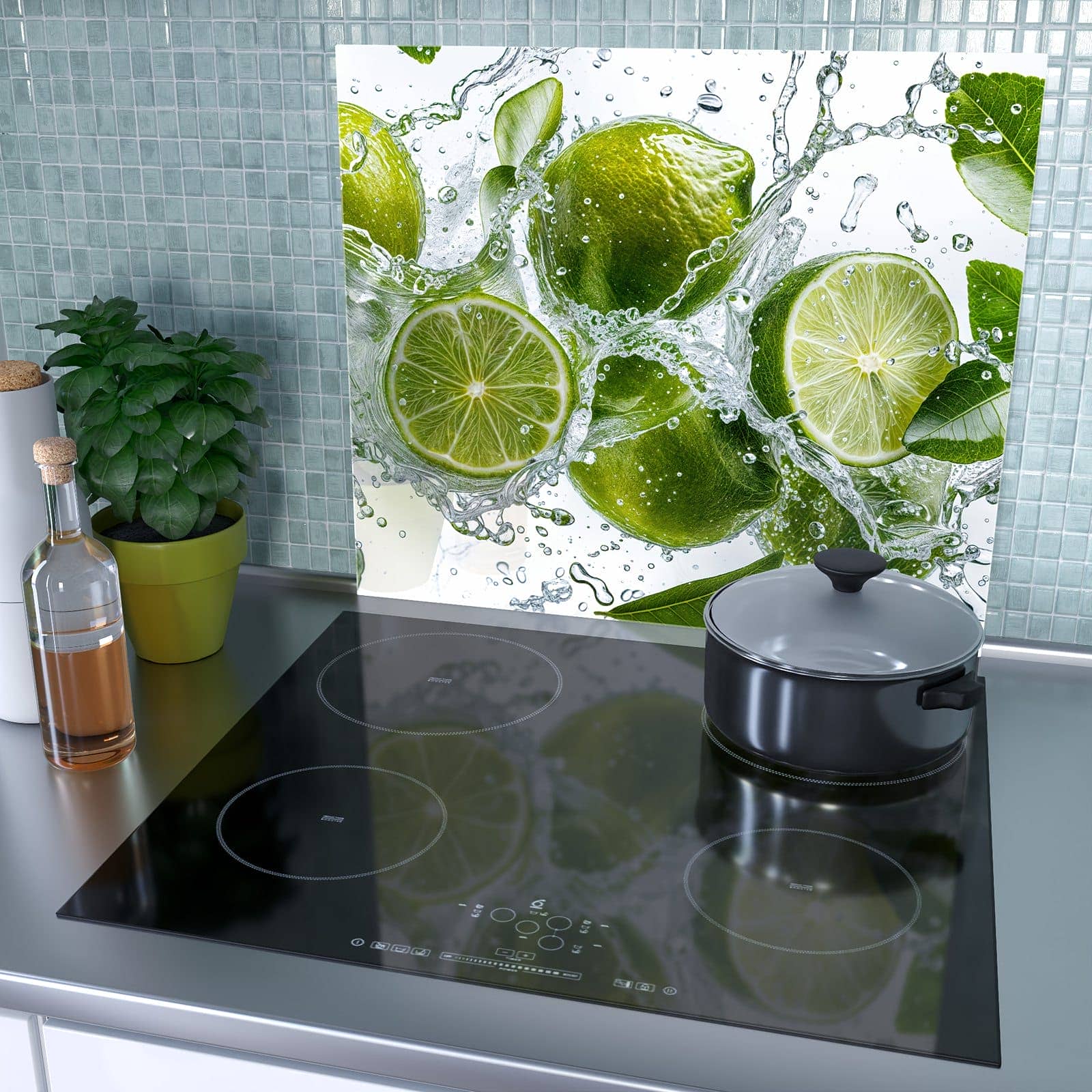 1-teilige Herdabdeckplatte mit Spritzige Limetten-Motiv als Spritzschutz hinter dem Kochfeld