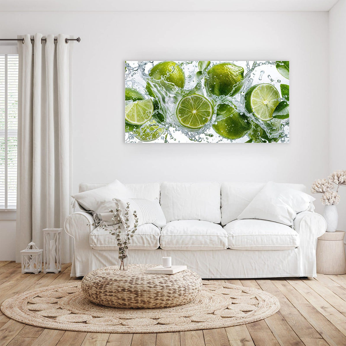 Wandbild - Limetten mit Blättern - Querformat – Grüne Limetten im Wasserspritzer