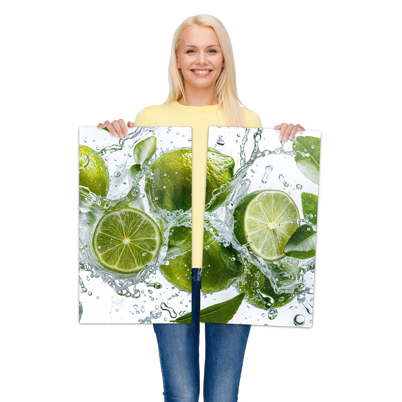 2-teilige Herdabdeckplatte aus Glas mit Spritzige Limetten-Motiv wird zur Größendarstellung gehalten