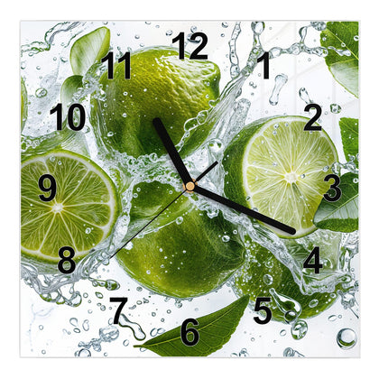 Wanduhr Quadratisch mit dem Motiv Limetten mit Blättern