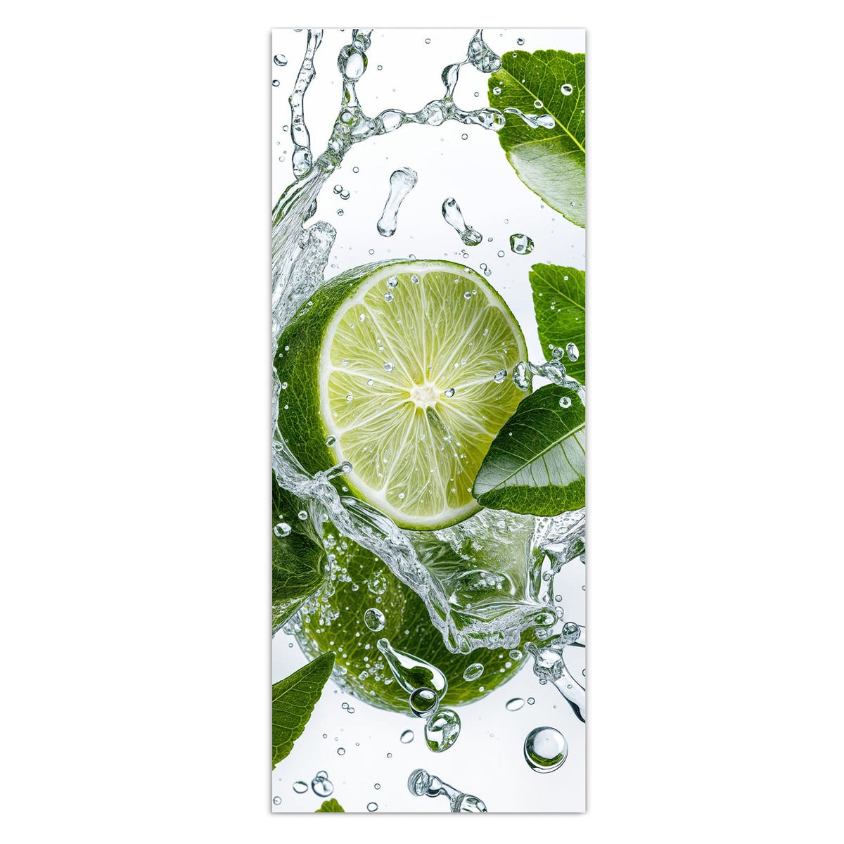 Wandbild - Limetten mit Blättern - Hochformat – Grüne Limetten im Wasserspritzer