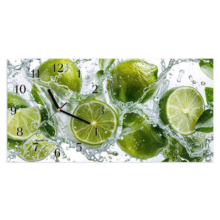 Wanduhr Spritzige Limetten aus Glas – Querformat 60 × 30 cm mit Ziffernblatt Klassisch