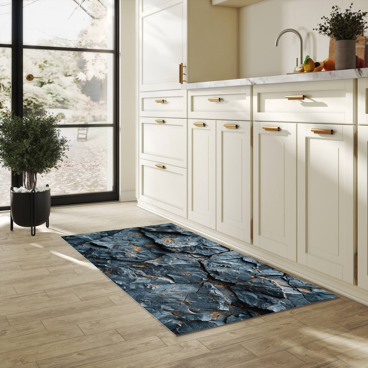 Fleckenresistenter waschbarer Teppich Küche mit Motiv Gesteinsformation in heller Küche