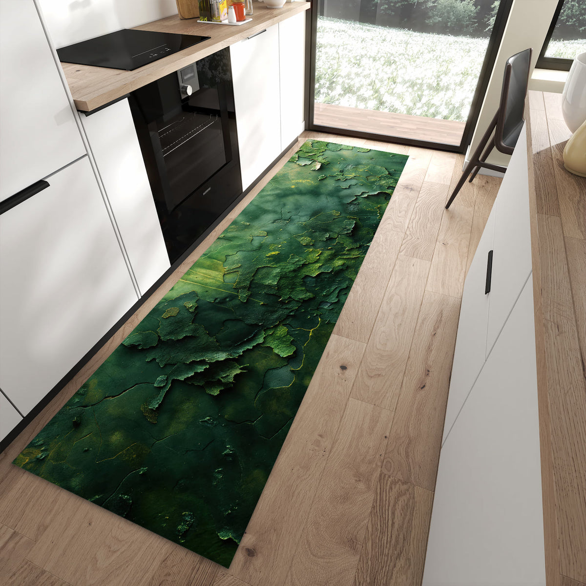 Wasserabweisender Teppich für die Küche mit Motiv Oberfläche von Verwitterte in moderner Küche