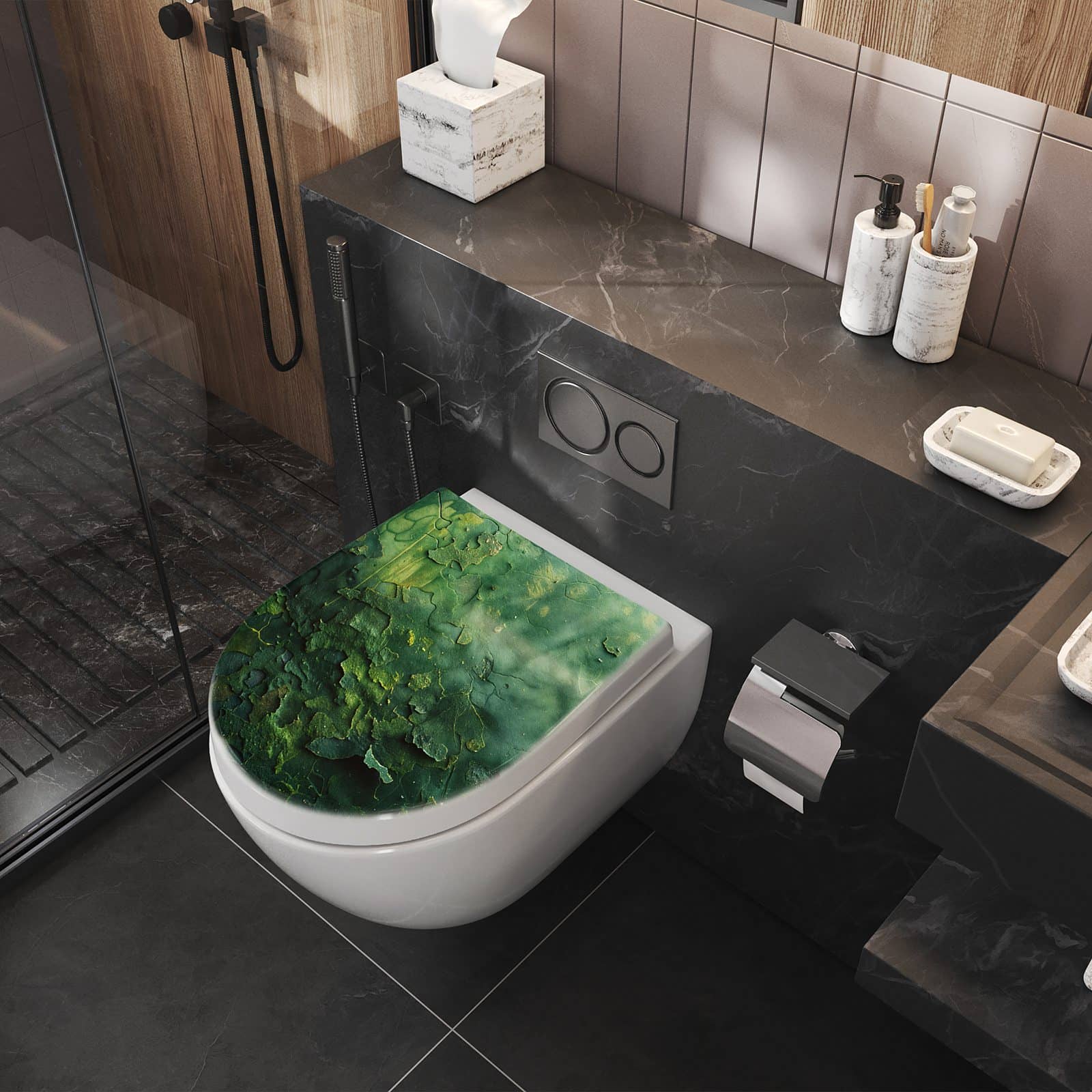 WC-Sitz mit Absenkautomatik Oberfläche von Verwitterte