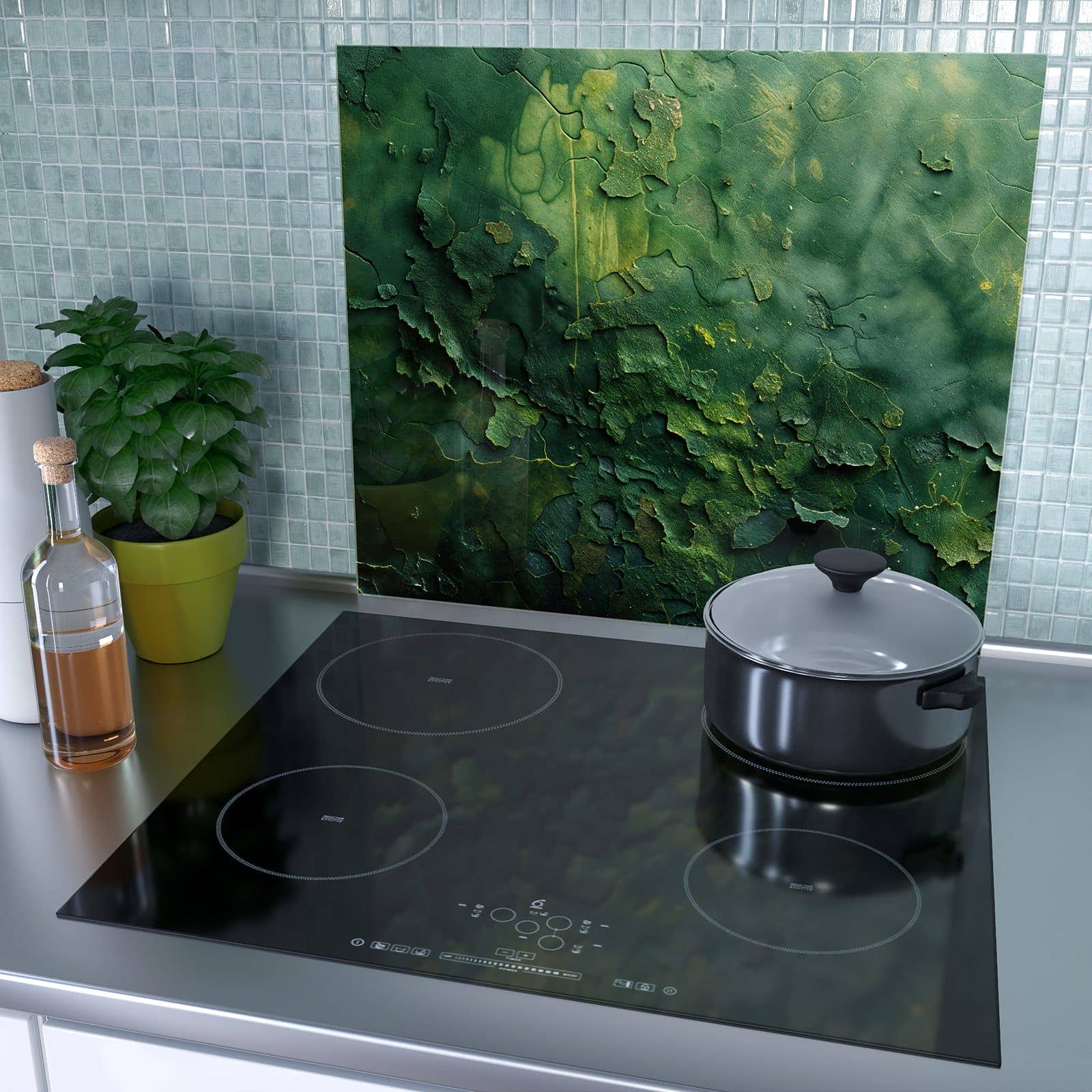 1-teilige Herdabdeckplatte aus Glas mit Verwitterte Holzoberfläche-Motiv als Spritzschutz hinter dem Kochfeld