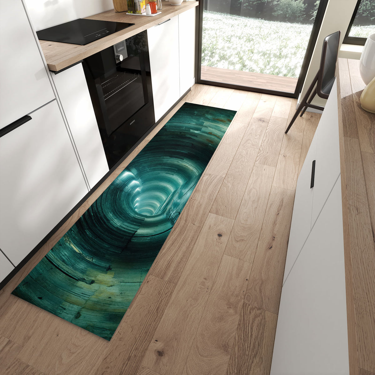 Waschbarer Küchenteppich mit Motiv Verlassener Tunnel in moderner Küche