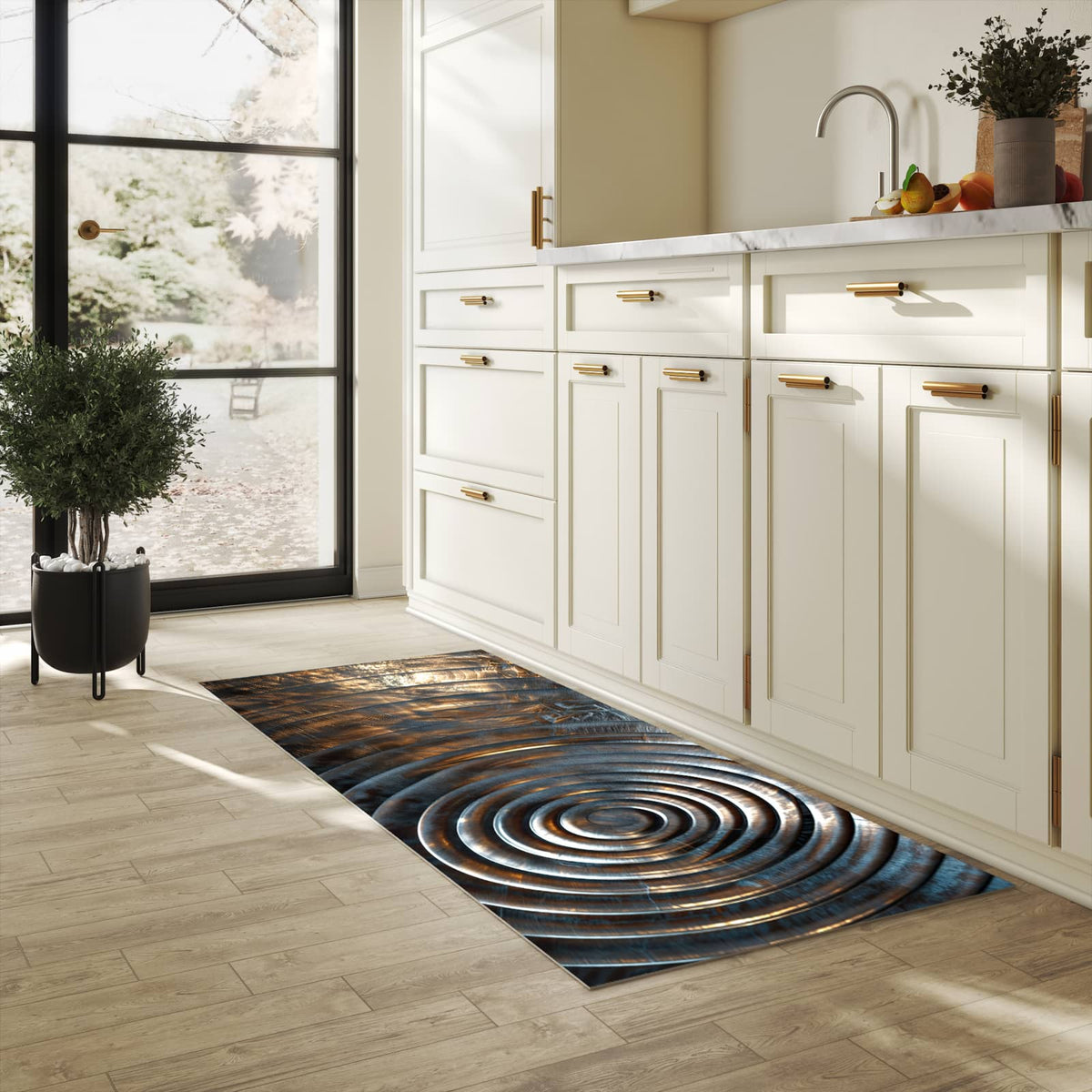 Flacher rutschfester Küchenteppich mit Motiv Metallische Spiralen in heller Küche