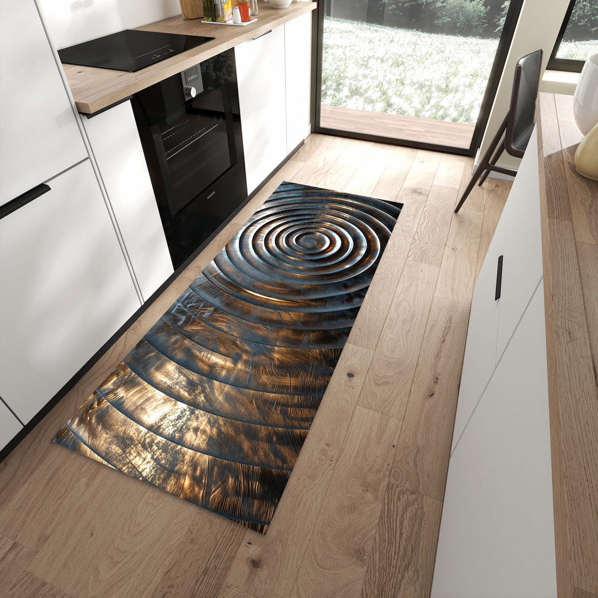Wasserabweisender Küchenteppich mit Motiv Metallische Spiralen in moderner Küche