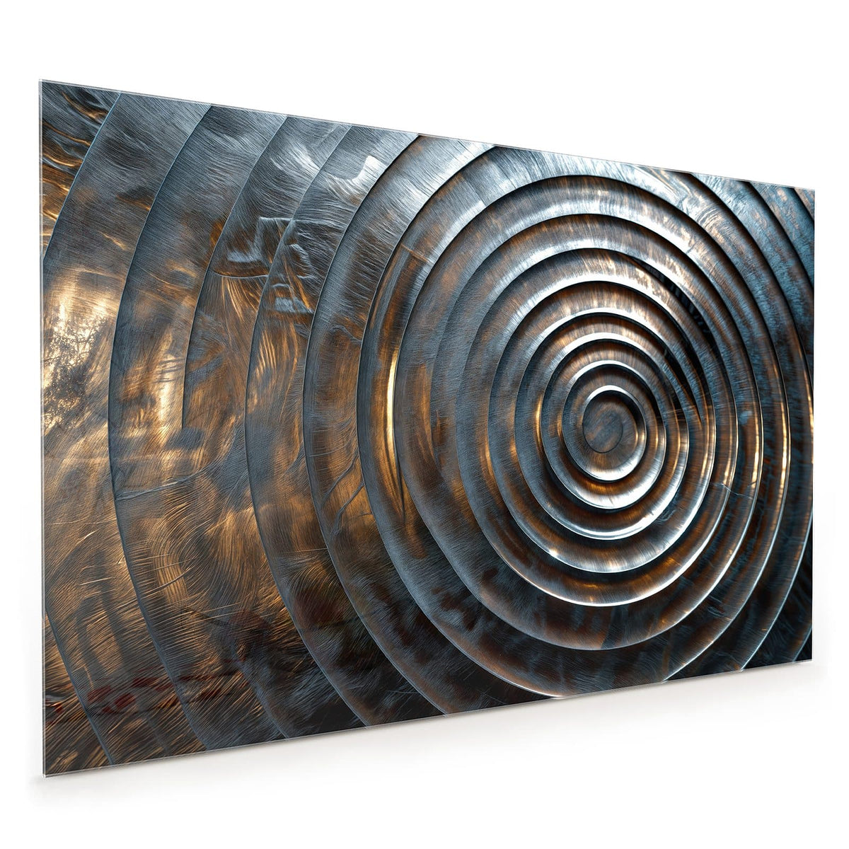 Küchenrückwand aus Glas im Hochformat mit Motiv Metallringe: Konzentrische Ringe in gebürstetem Stahl mit bronzefarbenen Reflexen