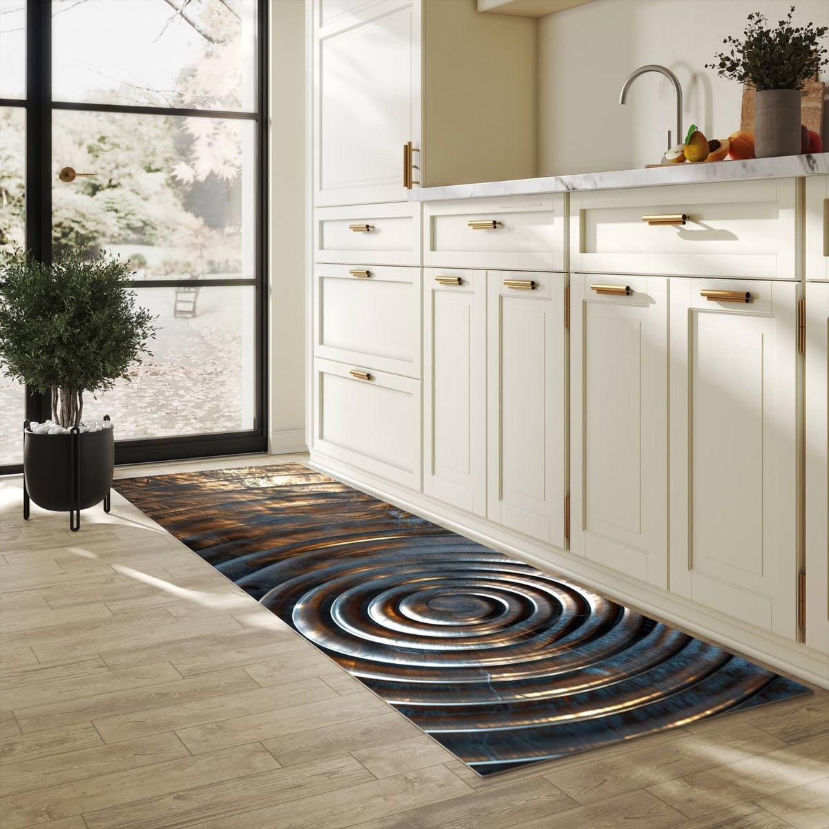 Komfortabler Teppich fürs Esszimmer mit Motiv Metallische Spiralen in heller Küche, waschbar