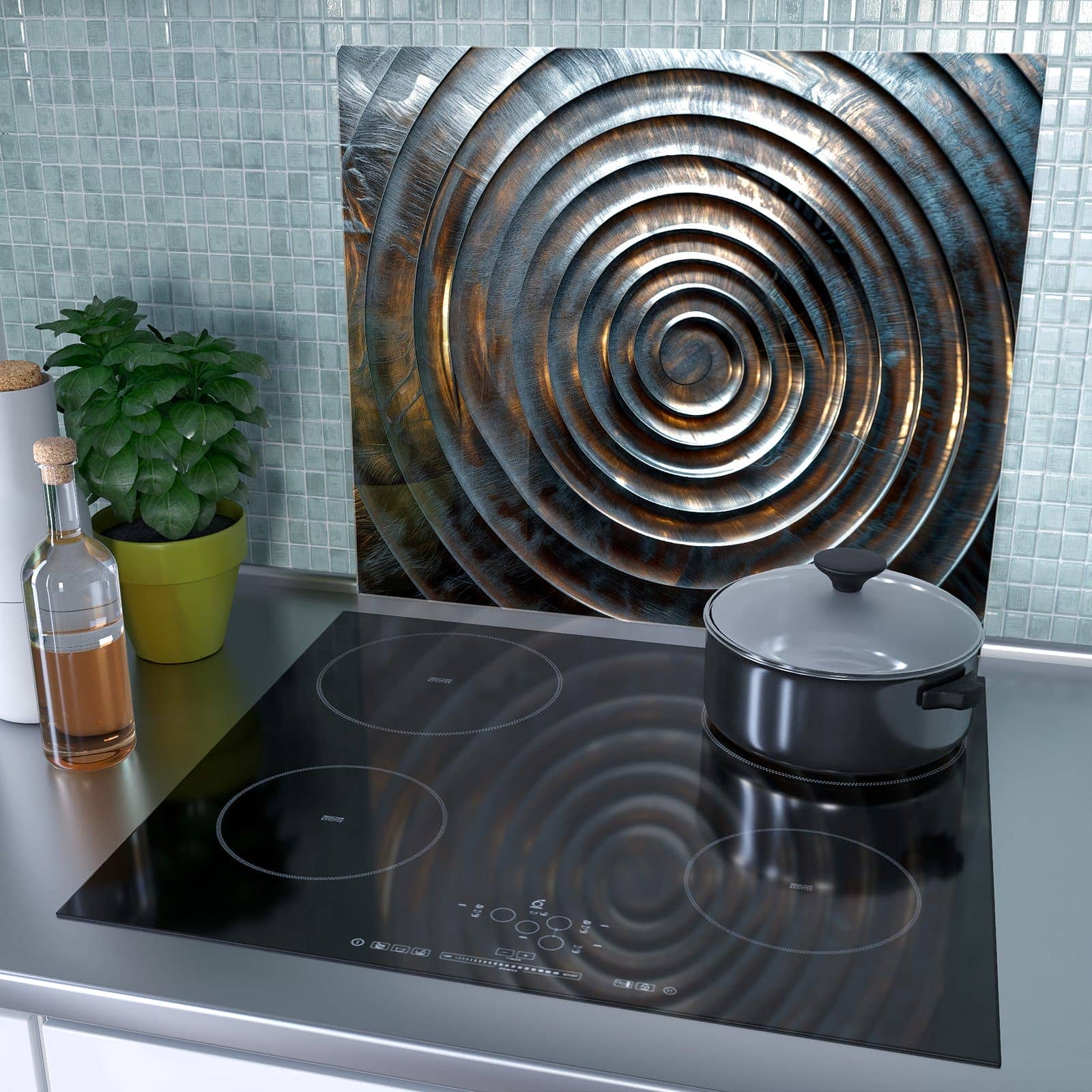 1-teilige Herdabdeckplatte Induktion mit Metallische Spiralen-Motiv als Spritzschutz hinter dem Kochfeld