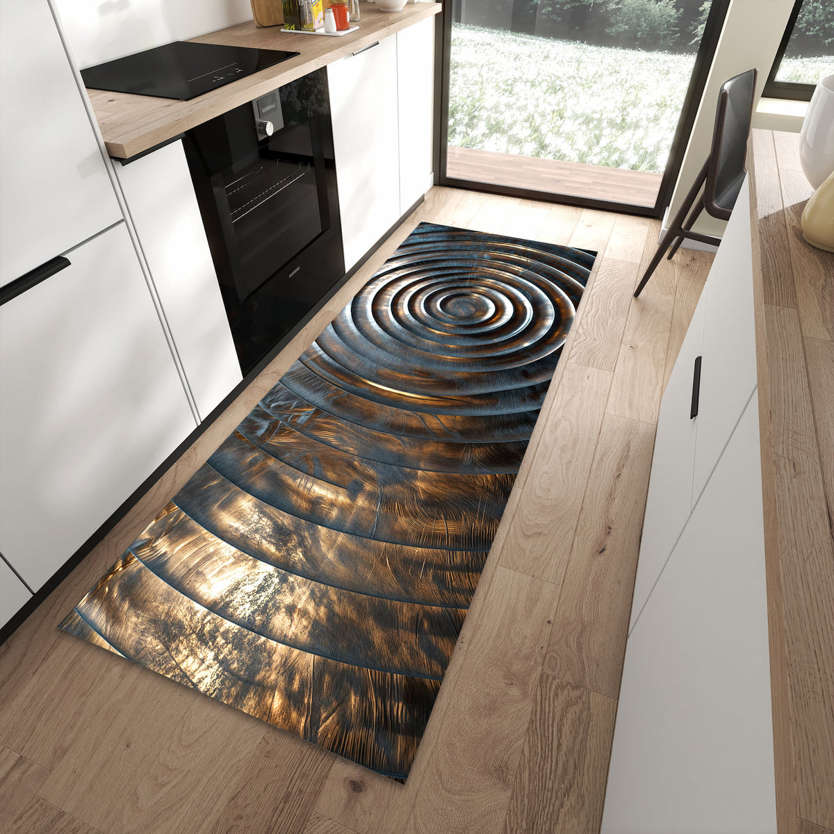 Flacher Küchenteppich mit Motiv Metallische Spiralen in moderner Küche - waschbar