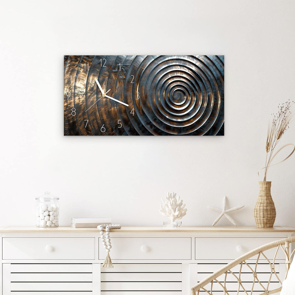 Wanduhr Metallische Spiralen aus Glas – Querformat 60 × 30 cm – Konzentrische Wellen in Silber und Gold