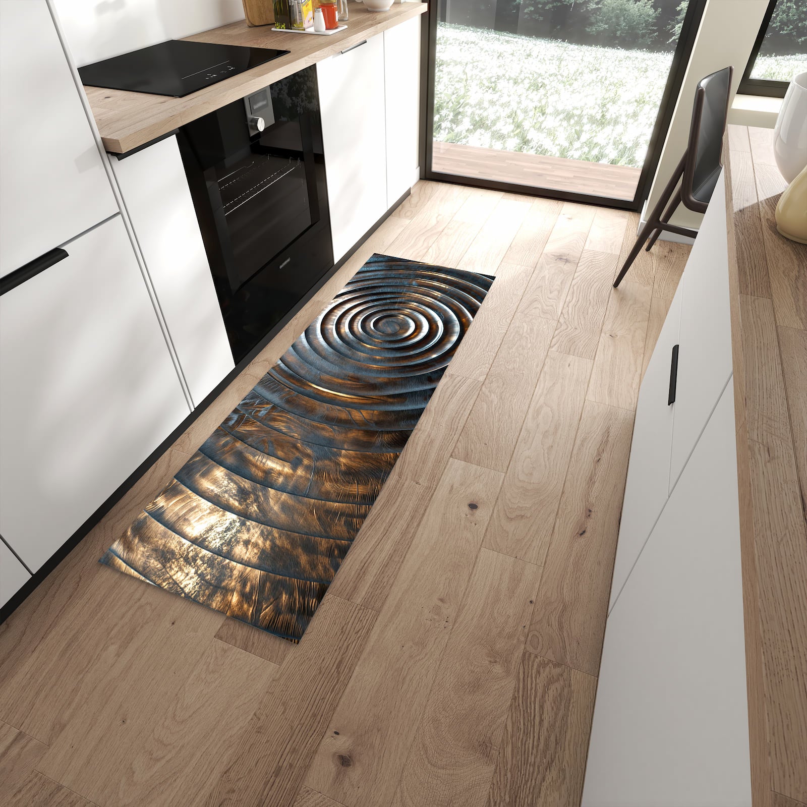 Waschbarer Teppich fürs Esszimmer mit Motiv Metallische Spiralen in moderner Küche
