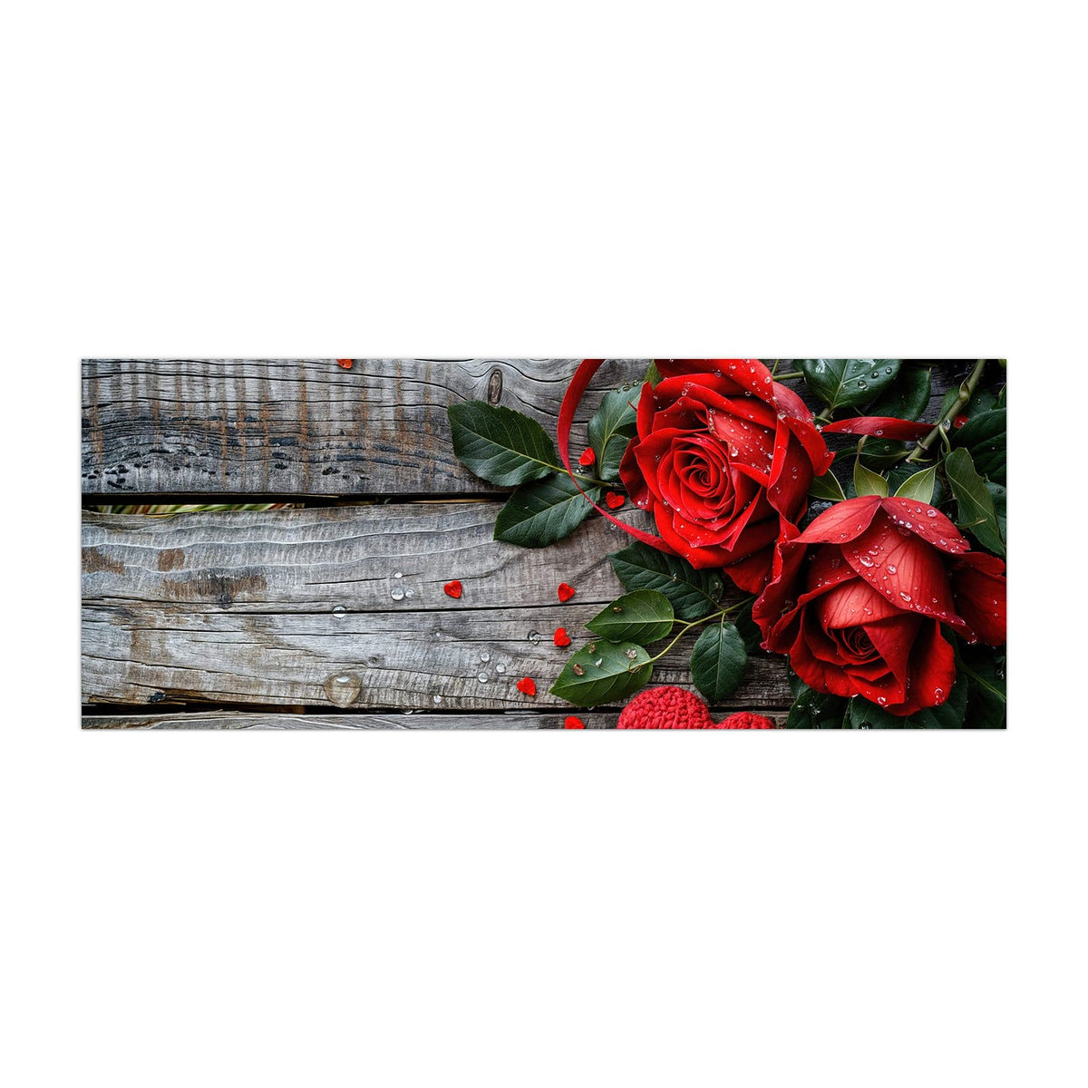Küchenrückwand aus Glas Rosen mit Strickherzen im Hochformat, Motiv bildfüllend von vorn