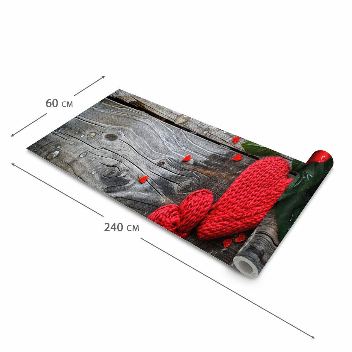 Pflegeleichter rutschfester Küchenläufer mit Motiv Rote Rosen und Herzen in der Grösse 60x300 cm