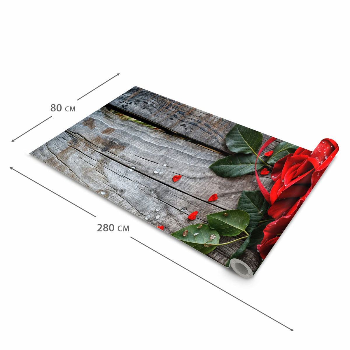 Strapazierfähiger Küchenläufer mit Motiv Rote Rosen und Herzen in der Grösse 60x300 cm, waschbar