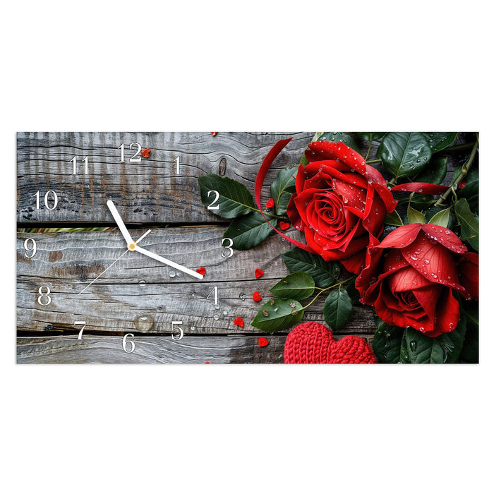 Wanduhr Rote Rosen und Herzen aus Glas – Querformat 60 × 30 cm mit Ziffernblatt Klassisch