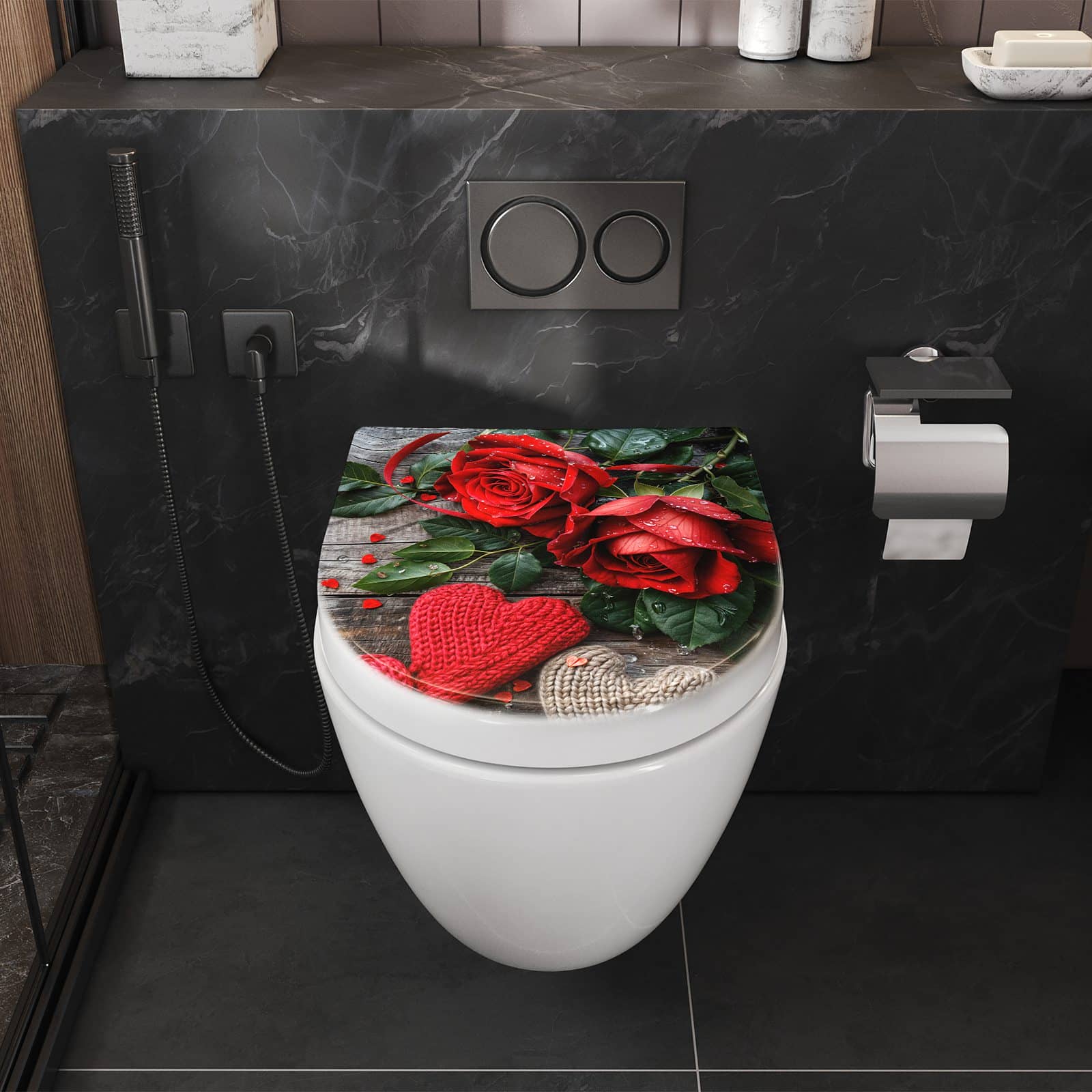 WC-Sitz mit Absenkautomatik Rote Rosen und Herzen
